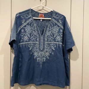 Johnny Was M Blue Linen Embroidered Tunic